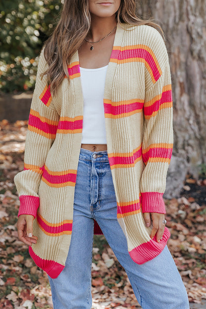 Gerippter, langer Cardigan mit Streifenmuster