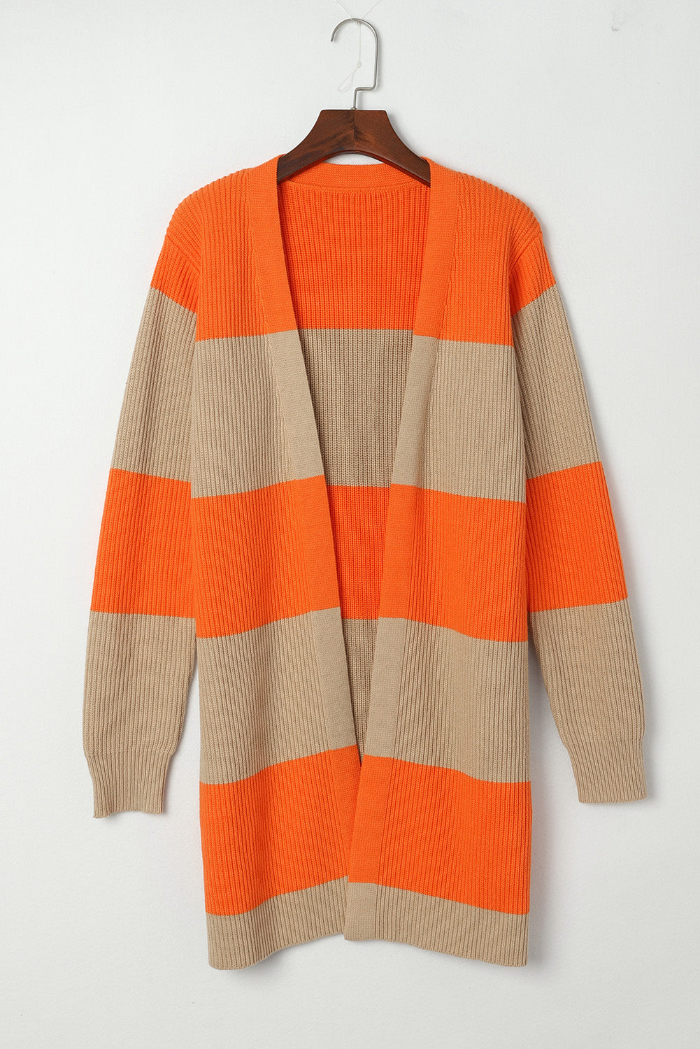 Orangefarbener Cardigan mit geripptem Colorblock-Muster
