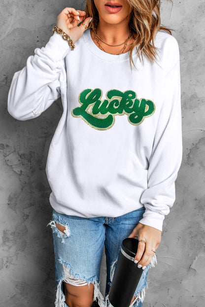 Weißes Chenille-Sweatshirt mit glänzendem Besatz und Glücksmuster