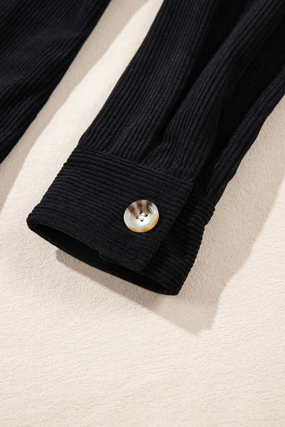 Schwarze Cordjacke mit Kapuze, Kordelzug und Taschen