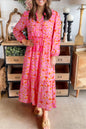 Pink Floral Long Sleeve Tassel Tied V Neck Maxi Dress