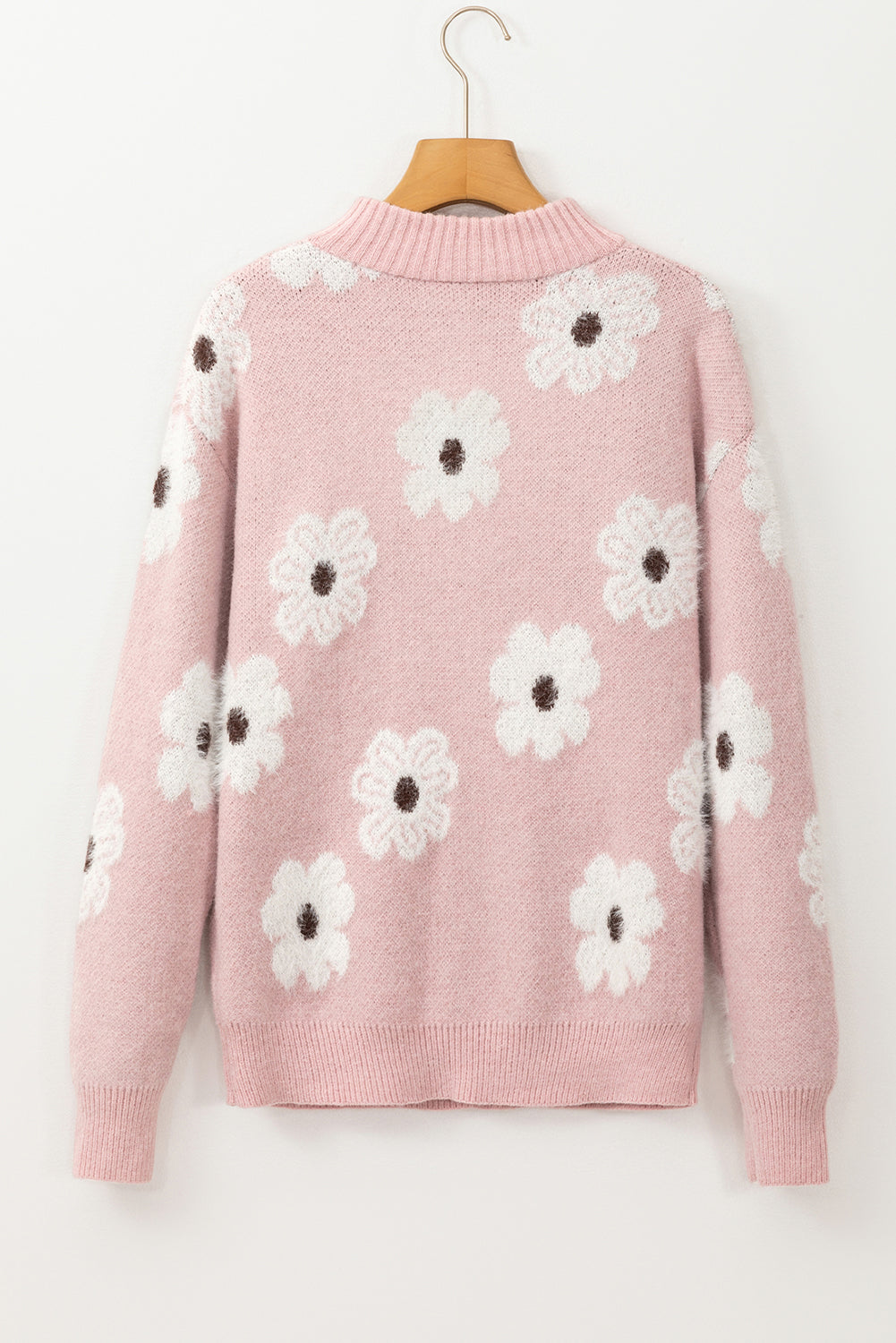 Rosa Pullover mit Blumenmuster und halblangem Reißverschluss sowie überschnittenen Schultern