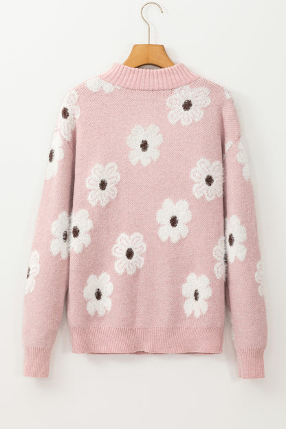 Rosa Pullover mit Blumenmuster und halblangem Reißverschluss sowie überschnittenen Schultern