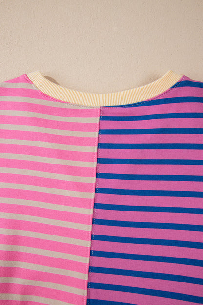 Rosa gestreiftes, lässiges, gestreiftes Colorblock-Sweatshirt mit überschnittener Schulter