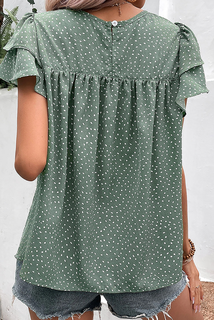 Laurel Green – Gepunktete Bluse mit Rüschenärmeln und Rundhalsausschnitt