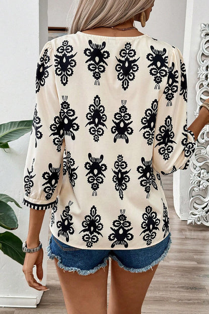 Beige Vintage Bluse mit 3/4-Ärmeln und V-Ausschnitt und geometrischem Muster