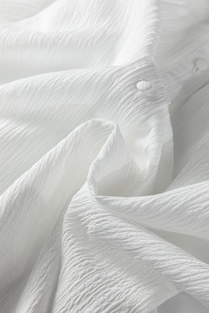 White Crinkled Texture Lantern Sleeve Button Down Loose Shirt