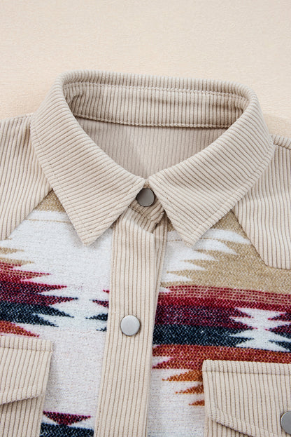 Multicolour Western Aztec Striped Patchwork Double Flap Pocket Raw Hem Shacket