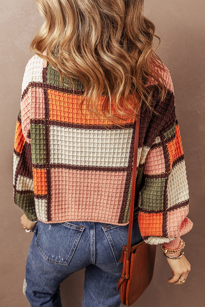 Oranger Rollkragenpullover mit Waffelstrick und Kordelzug in Farbblock-Optik