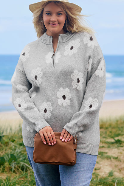 Grauer Pullover mit halbem Reißverschluss und Blumenmuster in Übergröße