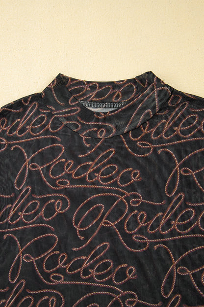 Schwarzes, langärmliges Netzoberteil mit Stehkragen und Western-Rodeo-Print