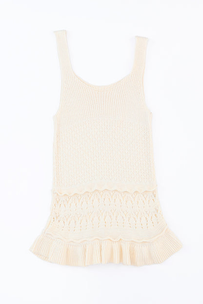 Beige Crochet Ruffled Hem Knitted Vest