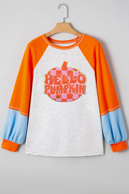 Light Grey HELLO PUMPKIN Patched Graphic Colorblock Bubble Sleeve Raglan Top