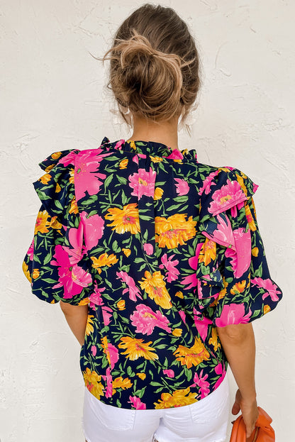 Rose Red Floral Bubble Sleeve Notch V Neck Ruffled Blouse