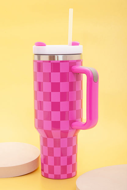 Edelstahlbecher mit Griff und Karomuster in leuchtendem Pink, 1,2 l