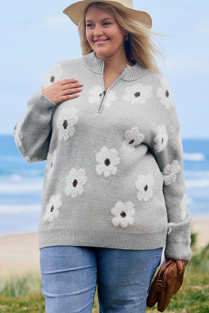 Grauer Pullover mit halbem Reißverschluss und Blumenmuster in Übergröße
