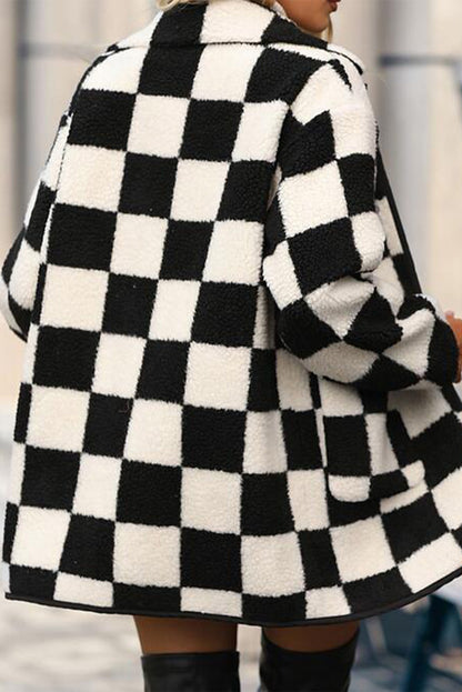 Schwarze, karierte Fleecejacke mit Seitentaschen, Kragen und Knöpfen