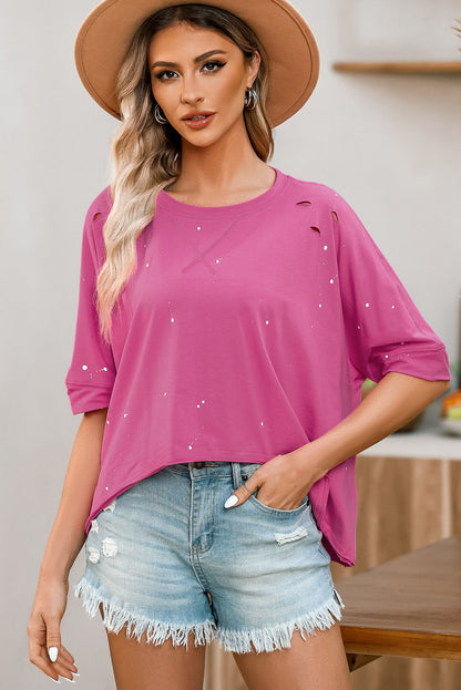Rosa, gebleichtes Top mit asymmetrischem Saum im Used-Look und kurzen Ärmeln