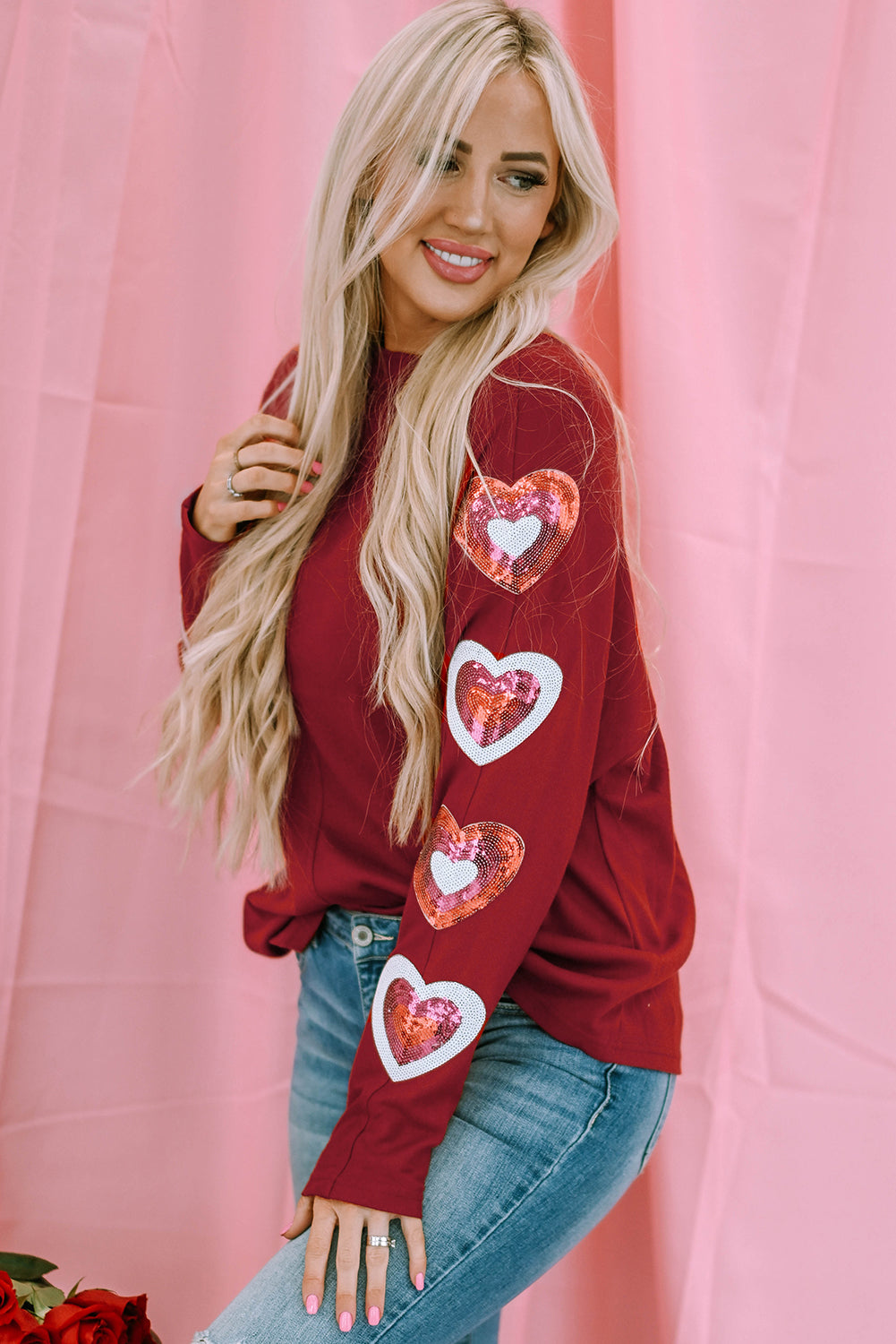 Rotes, Paillettenbesetztes Valentinstag-Top mit Herz-Print