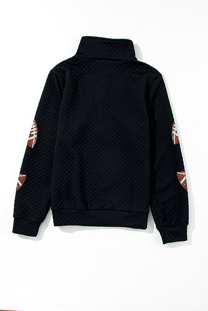 Schwarzes, strukturiertes Rugby-Football-Sweatshirt mit Viertelreißverschluss und Pailletten