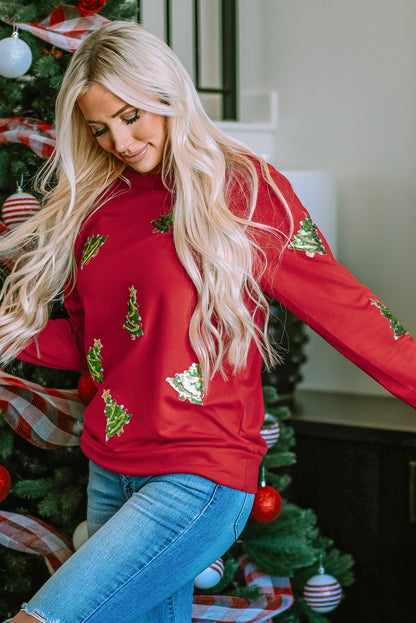 Feurig-rotes Pailletten-Sweatshirt mit Weihnachtsbaum und Raglanärmeln