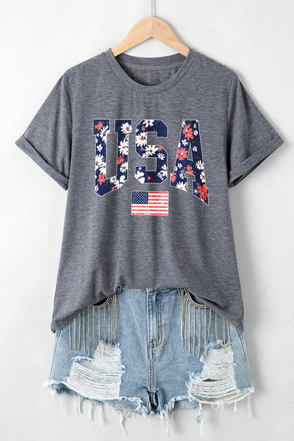 Graues, blühendes T-Shirt mit USA-Flaggen-Print