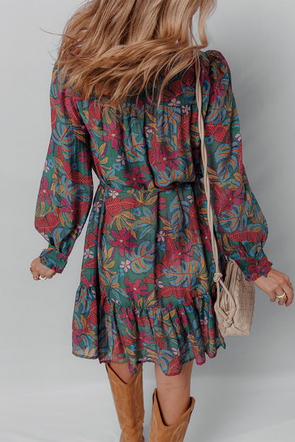 Green Floral Friled V Neck Puff Sleeve Ruffled Shirt Dress