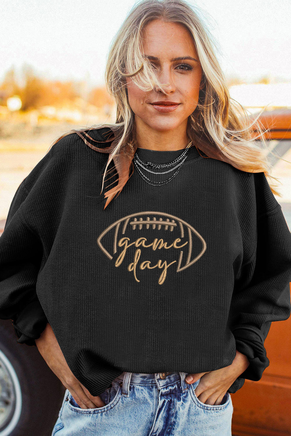 Black Rugby Game Day Embroidered Corduroy Sweatshirt
