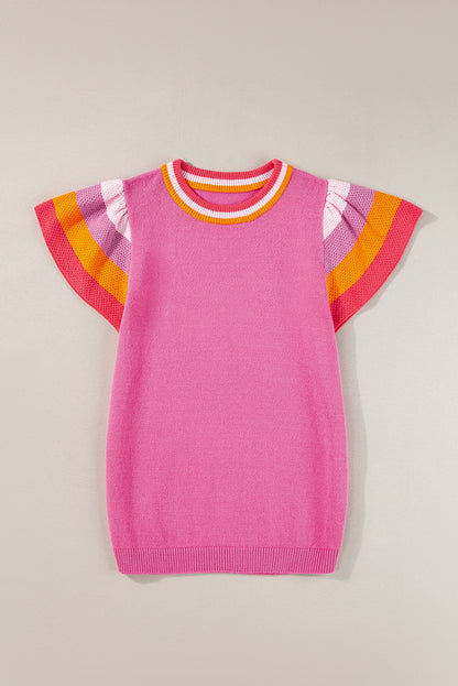 Hellrosa Strickpullover-T-Shirt mit kontrastierenden Flatterärmeln