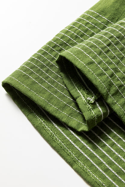 Jungle Green Contrast Stitched V Neck 3/4 Sleeve Tiered Mini Dress