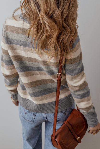 Grau gestreifter Pullover mit Farbblock und geripptem Rand und Rundhalsausschnitt