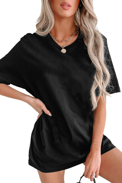 Schwarzes, einfarbiges Basic-Tunika-T-Shirt mit Rundhalsausschnitt