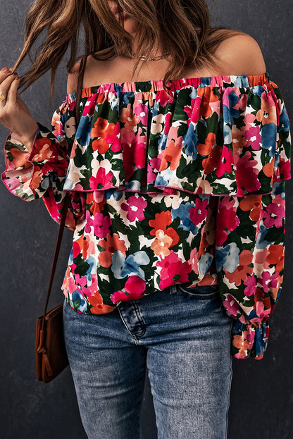 Schulterfreie Bluse mit Blumenmuster und Rüschen