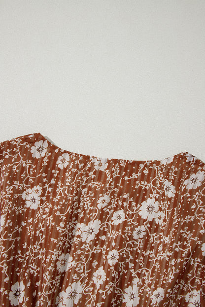 Braunes Boho-Minikleid mit Blumenmuster, Rüschen und Puffärmeln sowie V-Ausschnitt