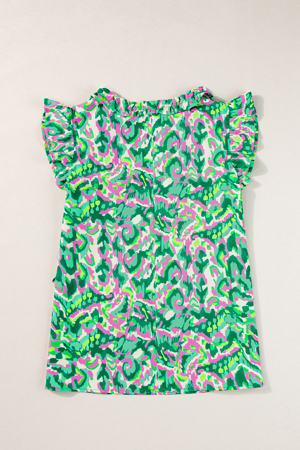 Green Pastel/Floral/Abstract Print Ruffled Trim Tied Split Neck Tank Top
