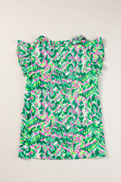 Green Pastel/Floral/Abstract Print Ruffled Trim Tied Split Neck Tank Top