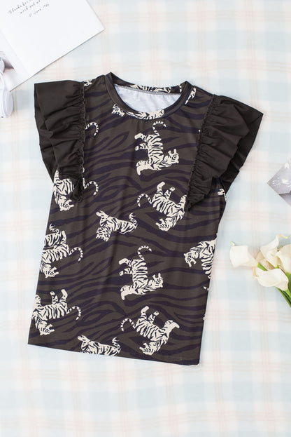 Schwarzes, stylisches Oberteil mit Rüschenärmeln und Animalprint