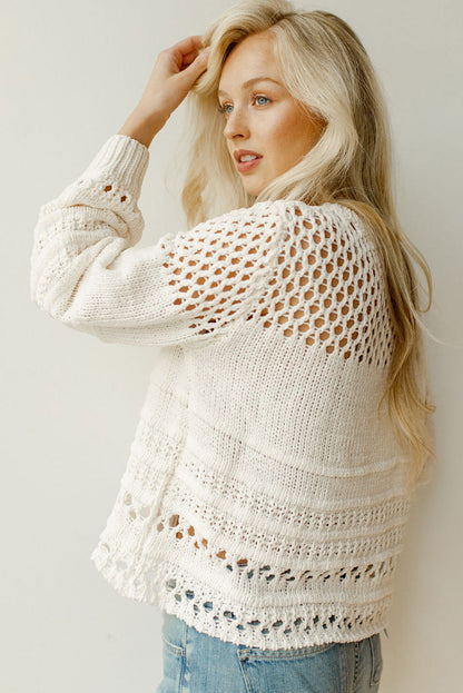 Weißer, einfarbiger Pointelle-Strickpullover mit Puffärmeln