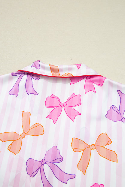 Pink Striped Bow Print Contrast Piping Trim Shirt and Pants 2pcs Pajama Set