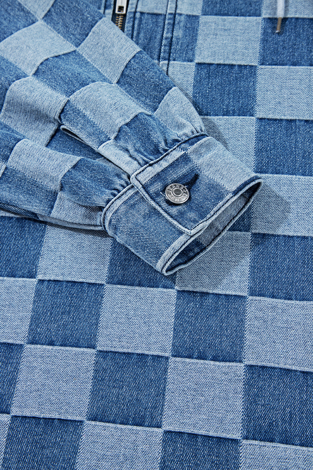 Sky Blue Checkerboard Zipped Neck Kangaroo Pocket Denim Hoodie