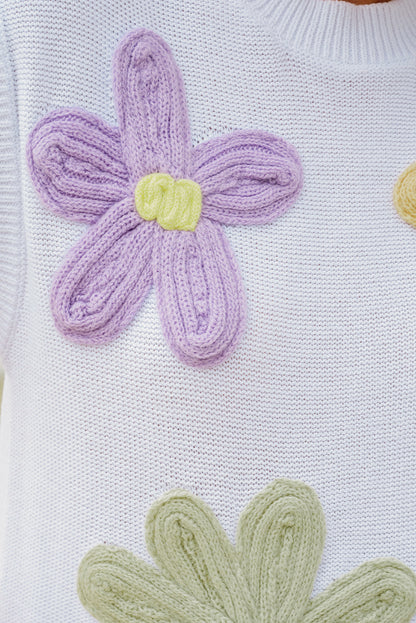 Weiße, mehrfarbige, kurzärmlige Pullover mit Häkelblumenmuster