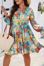 Blue Plus Size Floral Ruffled Long Sleeve Flowy Mini Dress