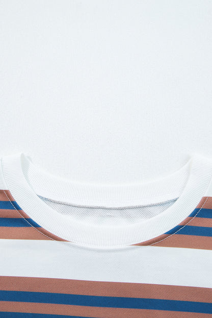 Brown Stripe Crew Neck Drop Shoulder Pullover Sweatshirt