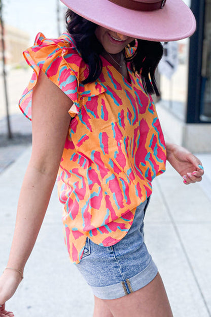 Orangefarbene Bluse mit abstraktem Print und V-Ausschnitt und Rüschenärmeln