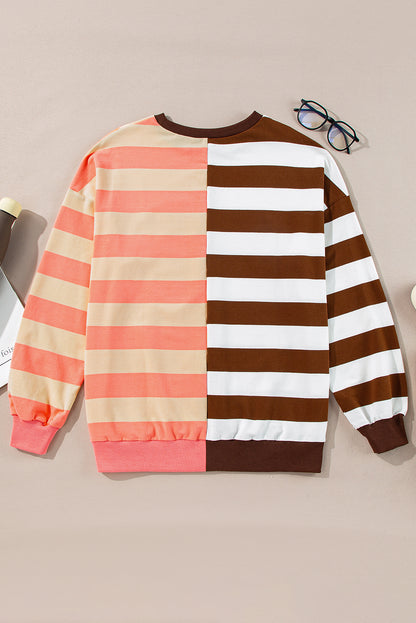 Braunes Pullover-Sweatshirt mit Streifen und Farbblockdesign und überschnittener Schulter