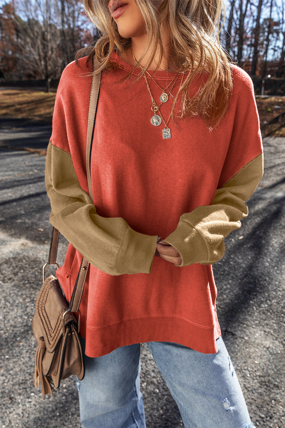 Gold Flame Zweifarbiges Patchwork-Pullover-Sweatshirt mit überschnittener Schulter