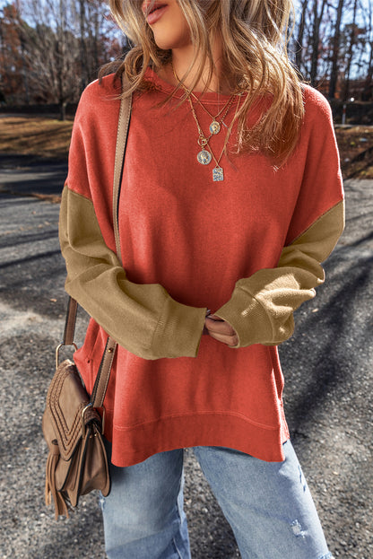 Gold Flame Zweifarbiges Patchwork-Pullover-Sweatshirt mit überschnittener Schulter