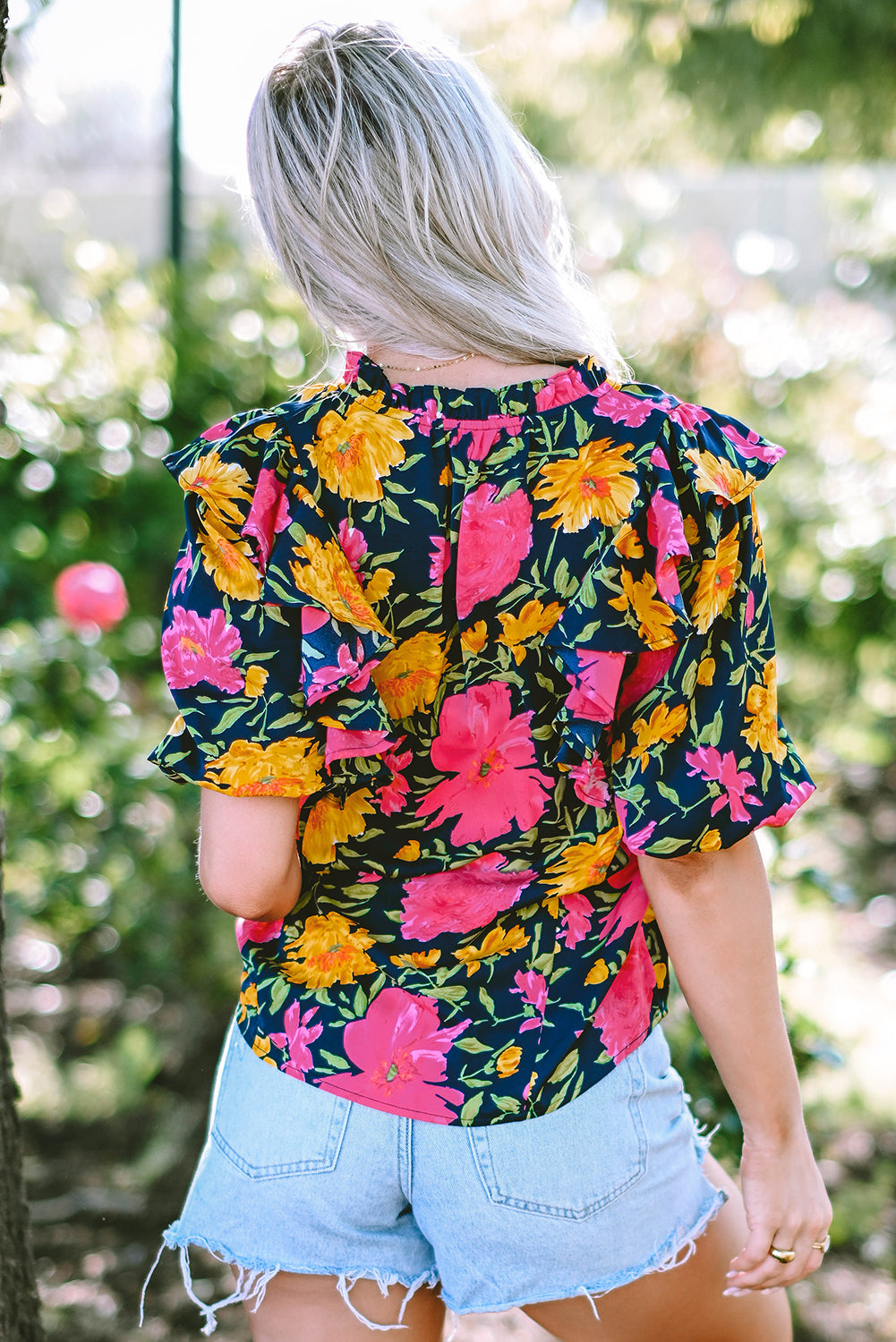 Rose Red Floral Bubble Sleeve Notch V Neck Ruffled Blouse