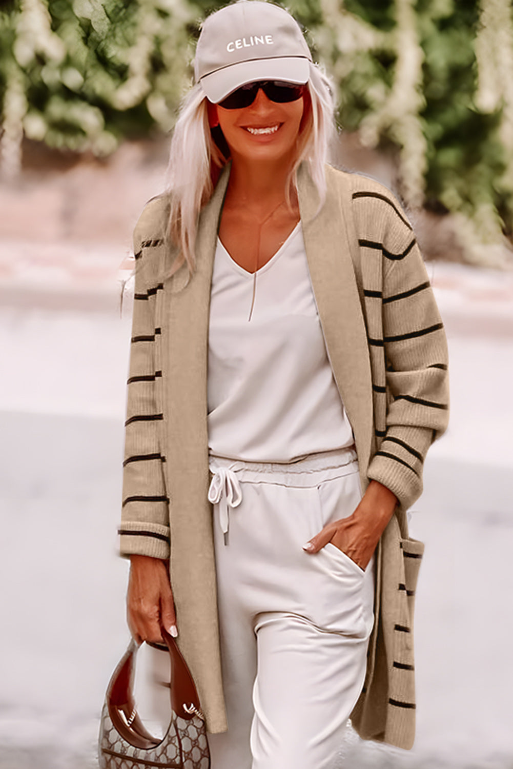Schwarz gestreifter offener Cardigan mit Schalkragen und Taschen