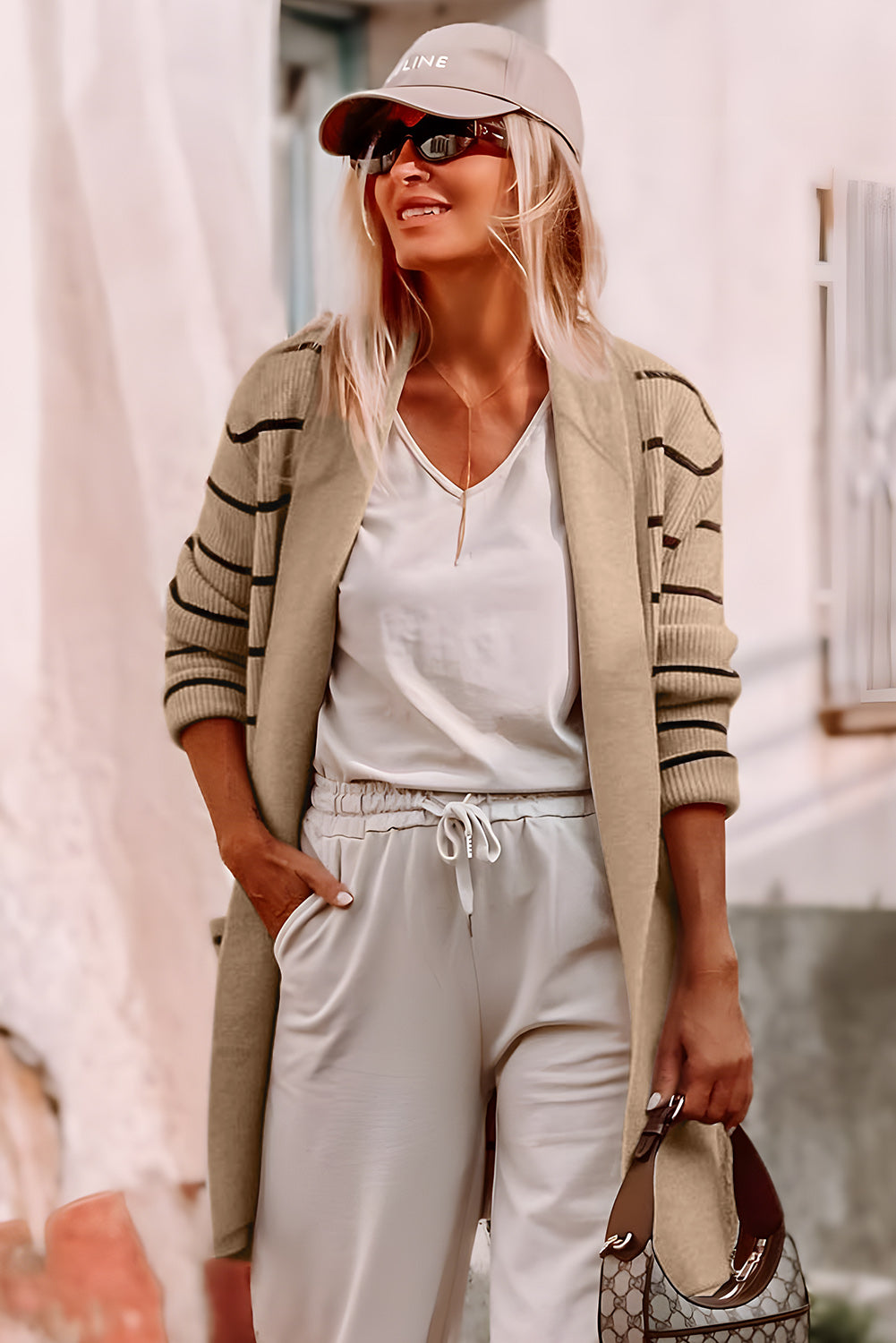 Schwarz gestreifter offener Cardigan mit Schalkragen und Taschen